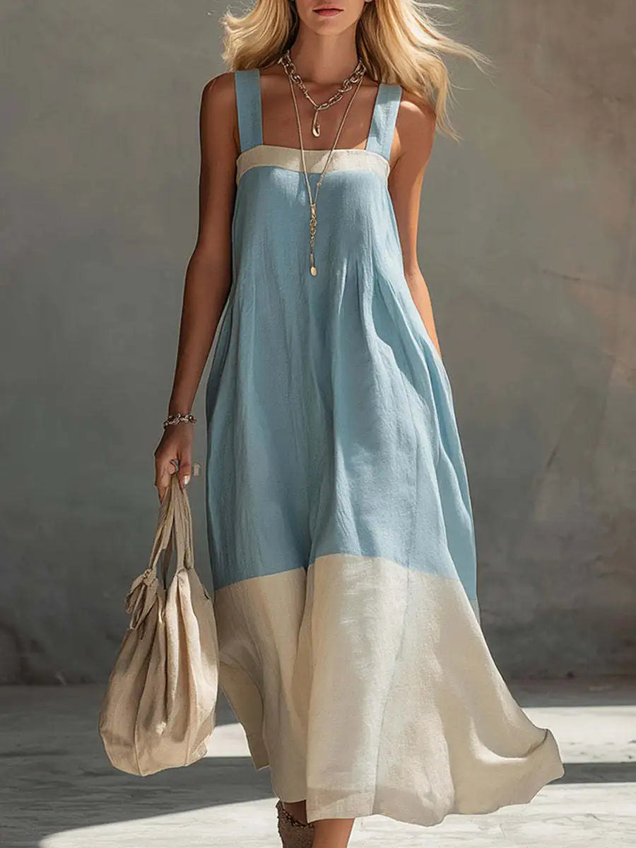Women's Summer Square Neck Wide Strap Maxi Dress Loose Spliced Hem Sleeveless Long