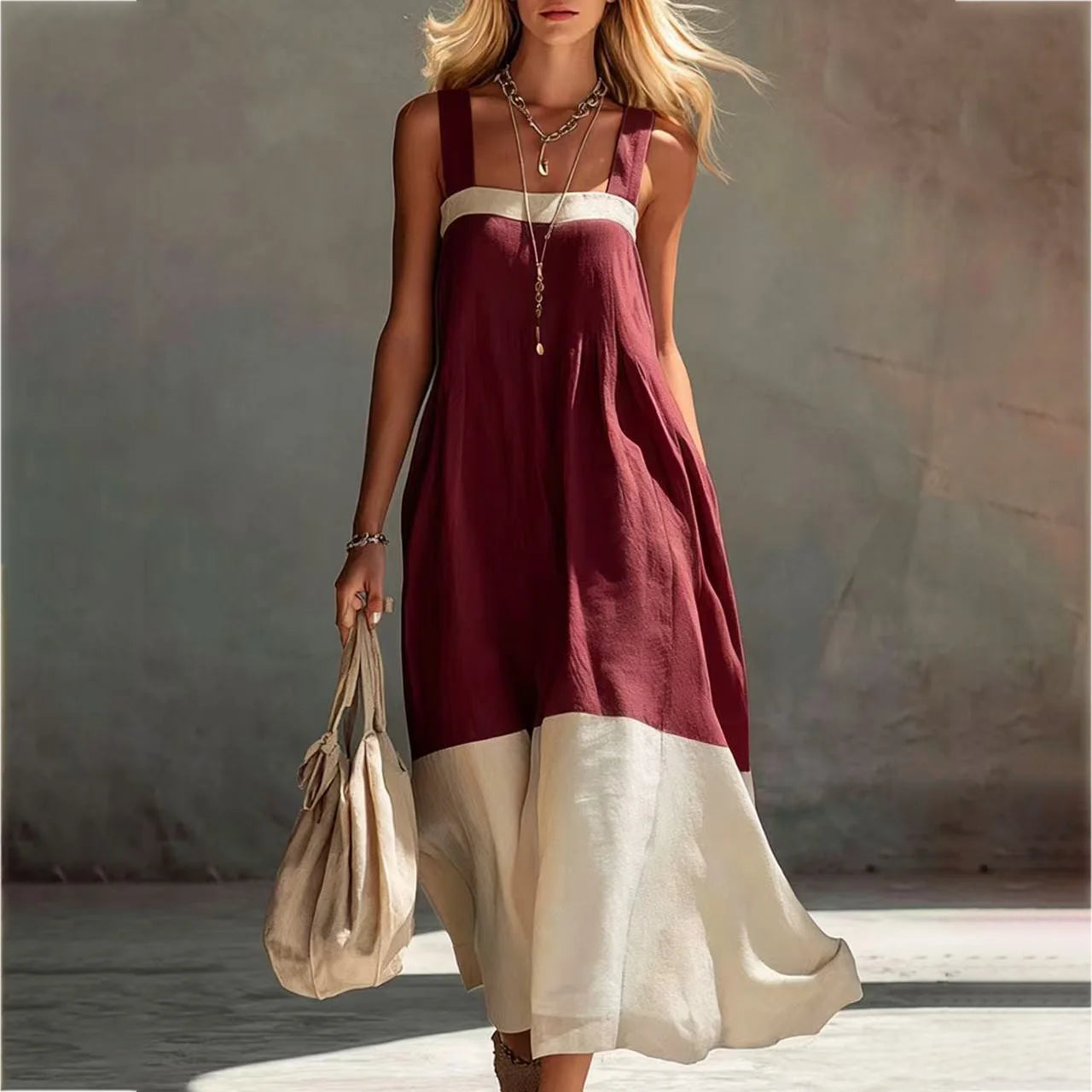 Women's Summer Square Neck Wide Strap Maxi Dress Loose Spliced Hem Sleeveless Long