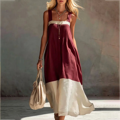 Women's Summer Square Neck Wide Strap Maxi Dress Loose Spliced Hem Sleeveless Long