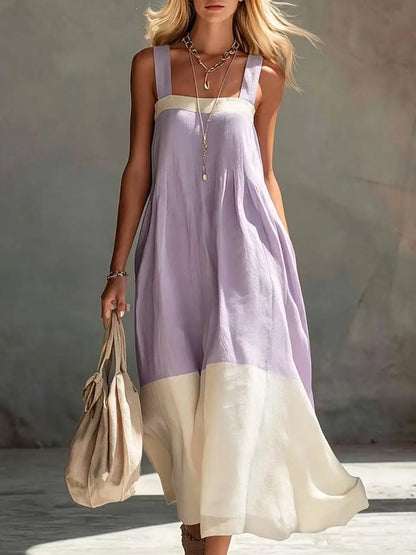 Women's Summer Square Neck Wide Strap Maxi Dress Loose Spliced Hem Sleeveless Long
