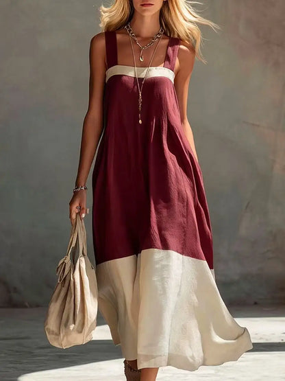 Women's Summer Square Neck Wide Strap Maxi Dress Loose Spliced Hem Sleeveless Long