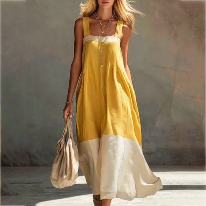 Women's Summer Square Neck Wide Strap Maxi Dress Loose Spliced Hem Sleeveless Long