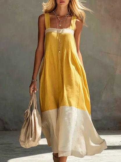 Women's Summer Square Neck Wide Strap Maxi Dress Loose Spliced Hem Sleeveless Long