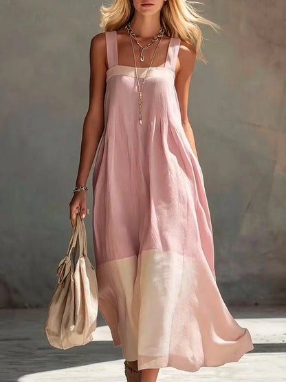 Women's Summer Square Neck Wide Strap Maxi Dress Loose Spliced Hem Sleeveless Long