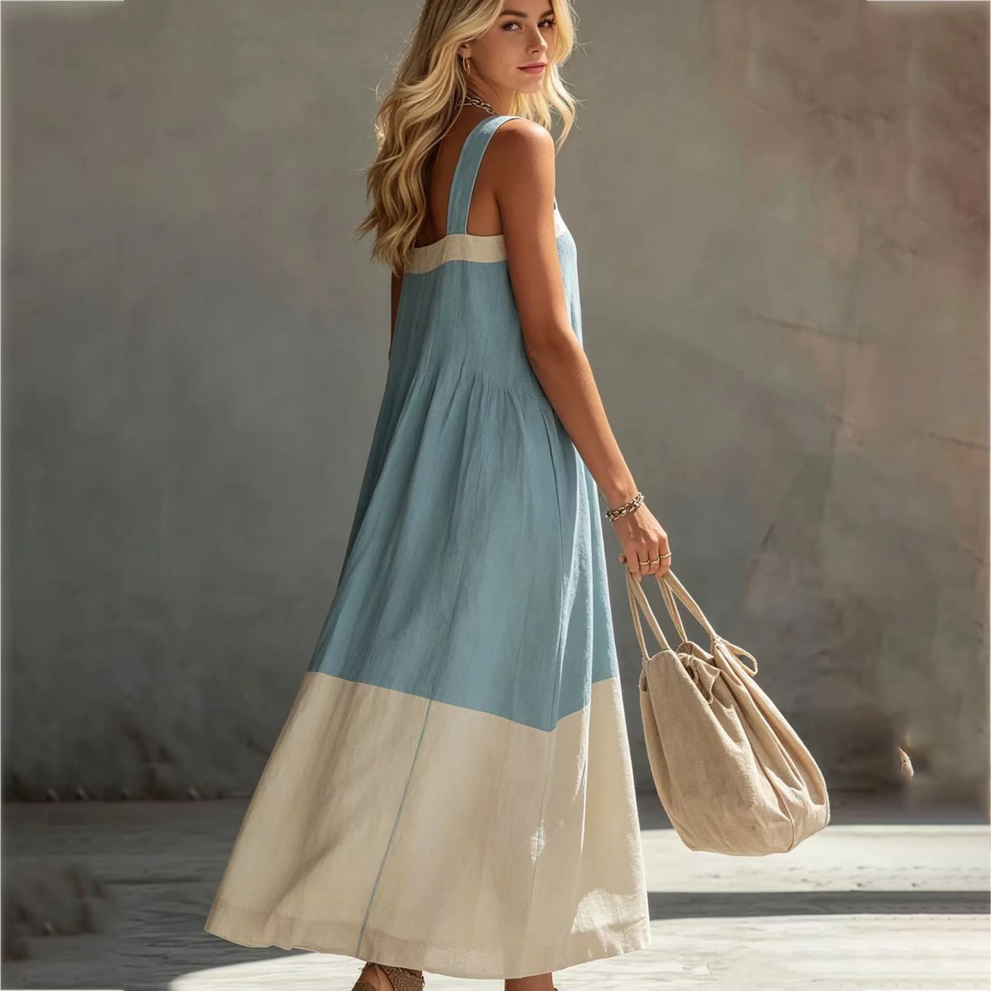 Women's Summer Square Neck Wide Strap Maxi Dress Loose Spliced Hem Sleeveless Long