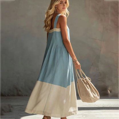 Women's Summer Square Neck Wide Strap Maxi Dress Loose Spliced Hem Sleeveless Long