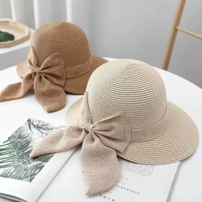 Women's Bowknot Straw Sun Hat - Wide Brim UV Beach Hat