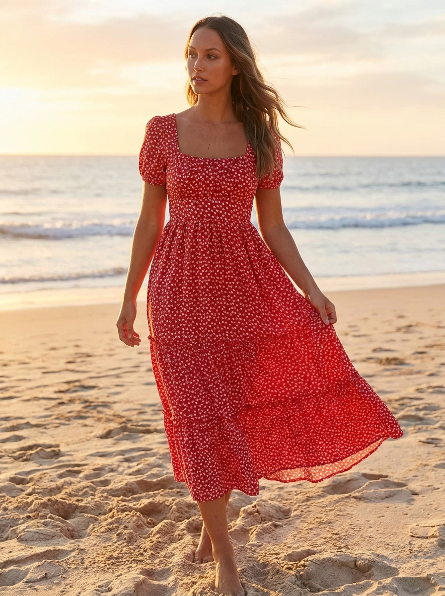 Floral puff-sleeve maxi dress on the beach at golden hour
