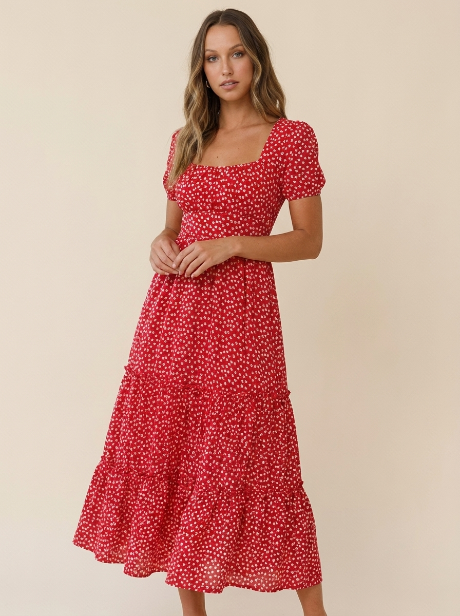 Floral puff-sleeve square-neck maxi dress studio shot