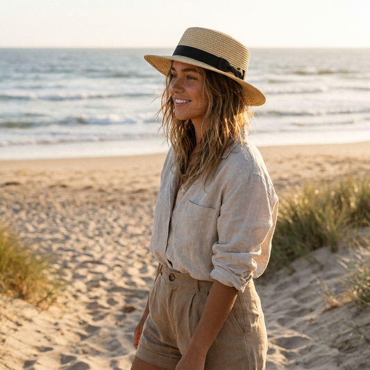 Woman wearing the Panama straw beach hat by the sea