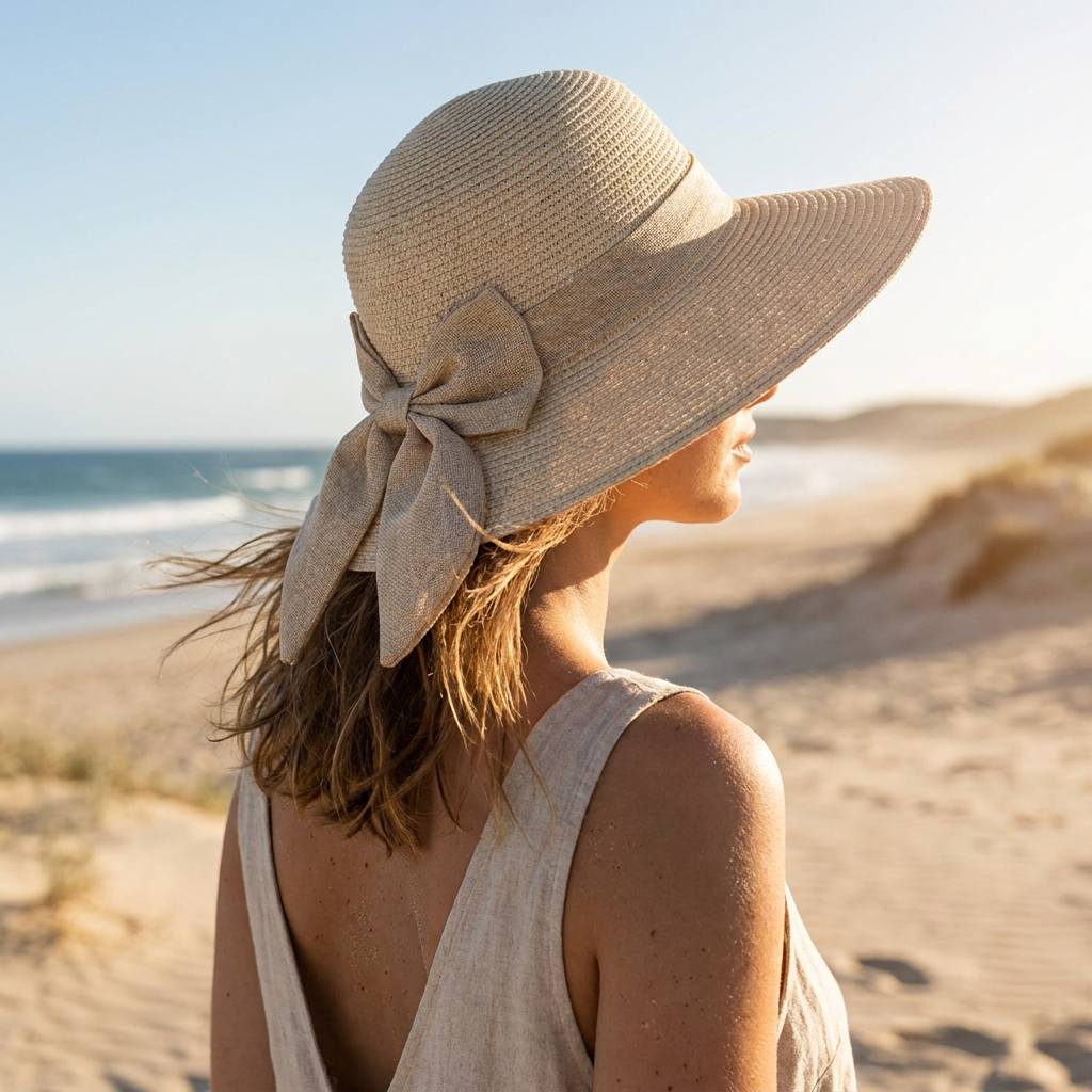 Woman wearing the bowknot straw sun hat at the beach