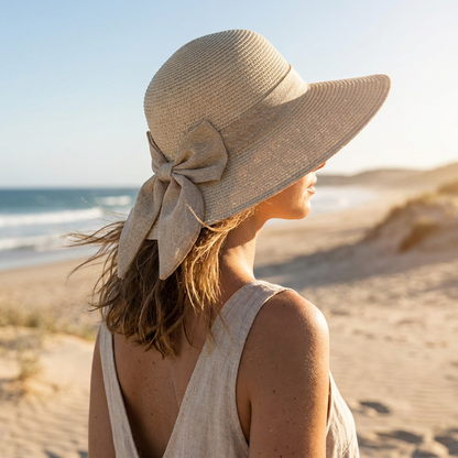 Woman wearing the bowknot straw sun hat at the beach
