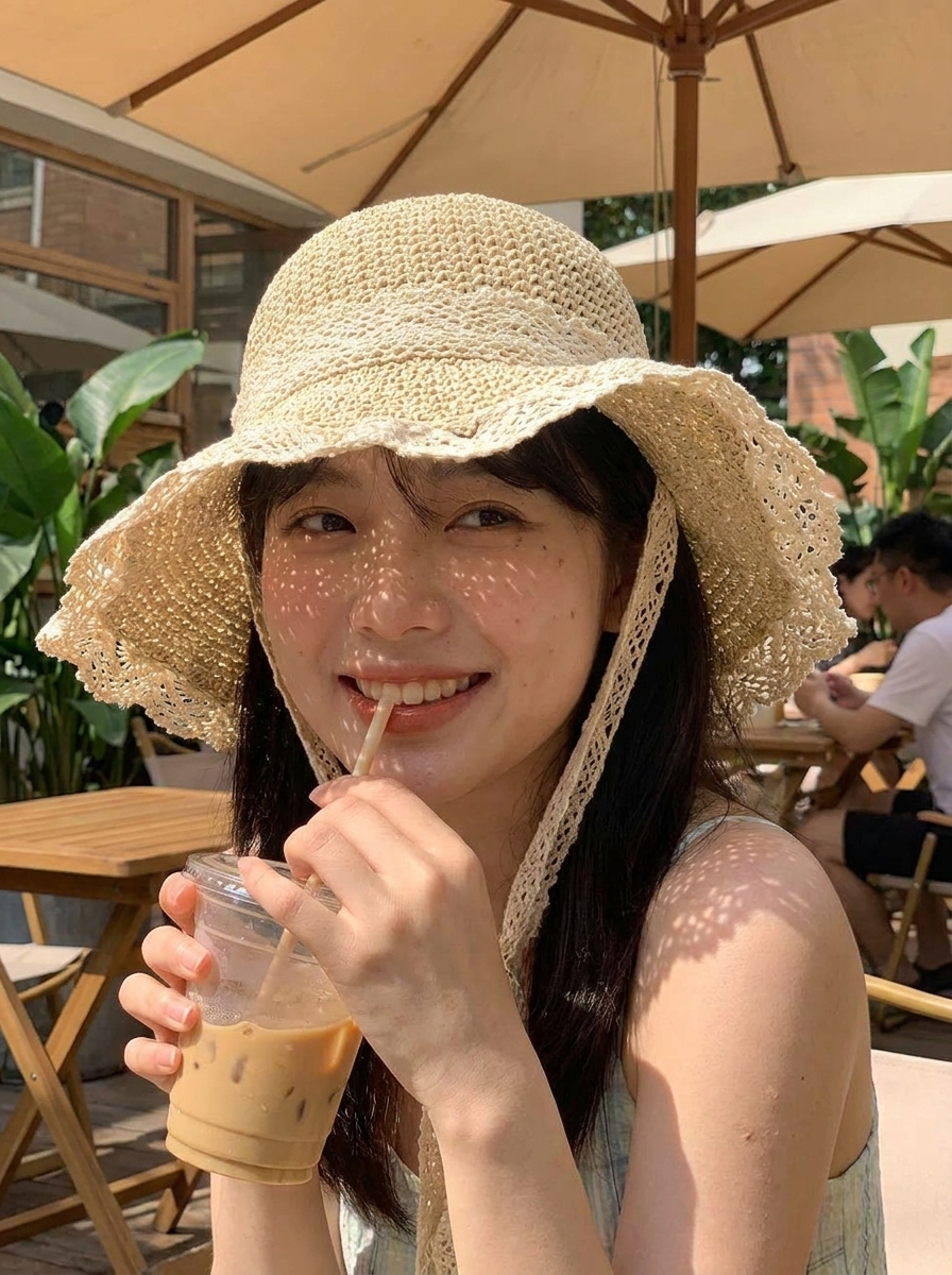 LoneHive lacy straw sun hat at cafe