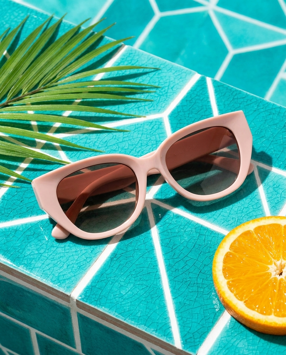 Cat-eye sunglasses on vibrant turquoise tile