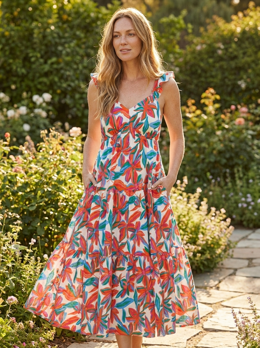 Floral Ruffled V Neck Maxi - LoneHive