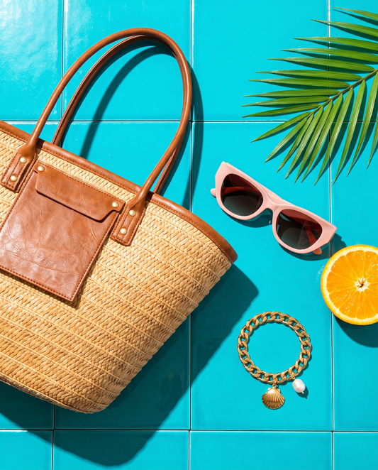 LoneHive Beach Day Set — woven straw tote, pink cat-eye sunglasses and 18K gold shell-and-pearl bracelet on vibrant turquoise tile